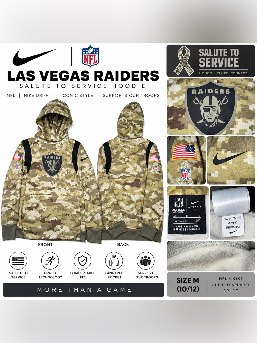 Nike NFL Salute To Service Green Camo Las Vegas Raiders Hoodie Boys 10/12 Medium
